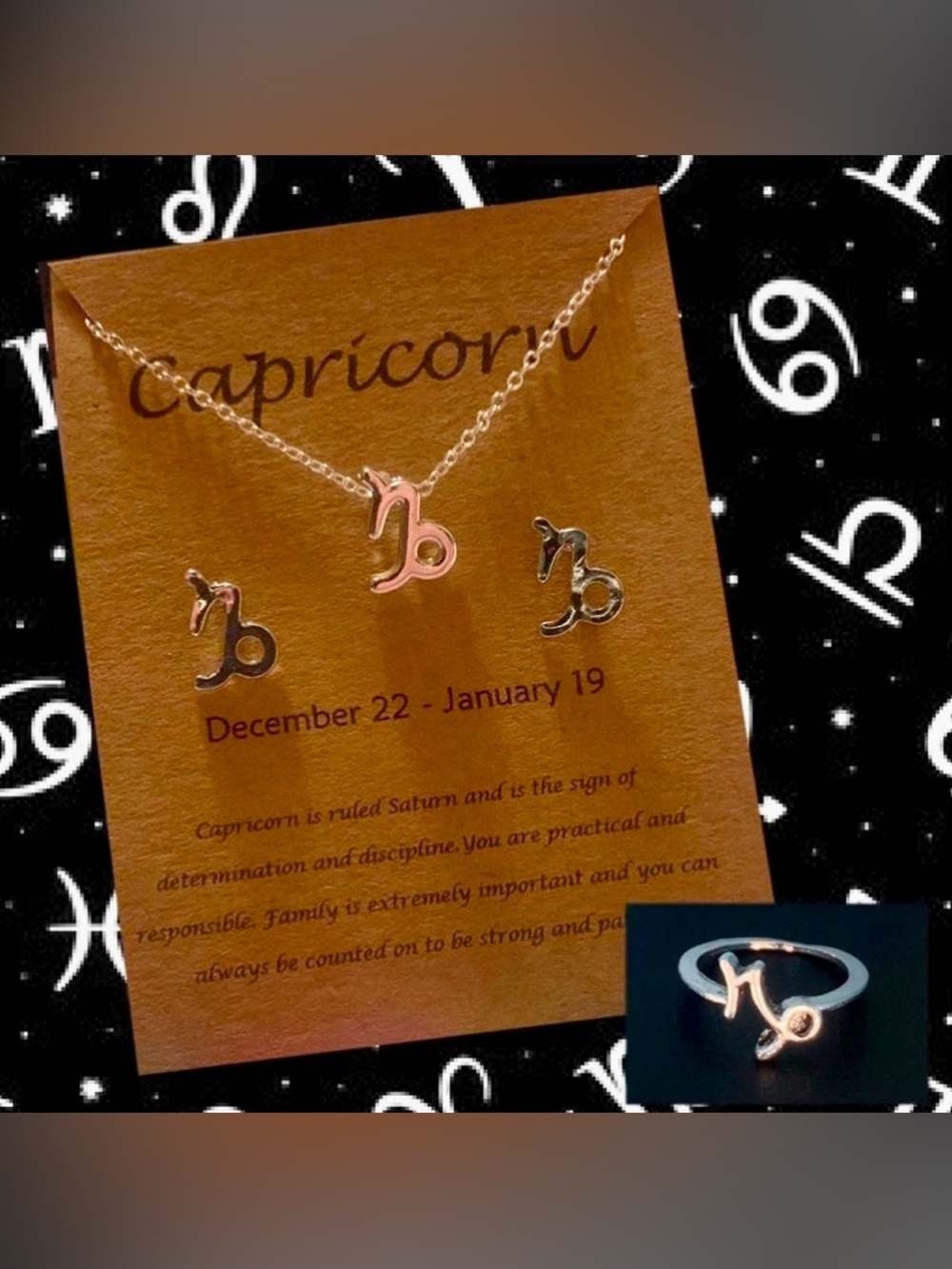 Capricorn Zodiac Necklace, Stud Earrings & Ring Set ♑️